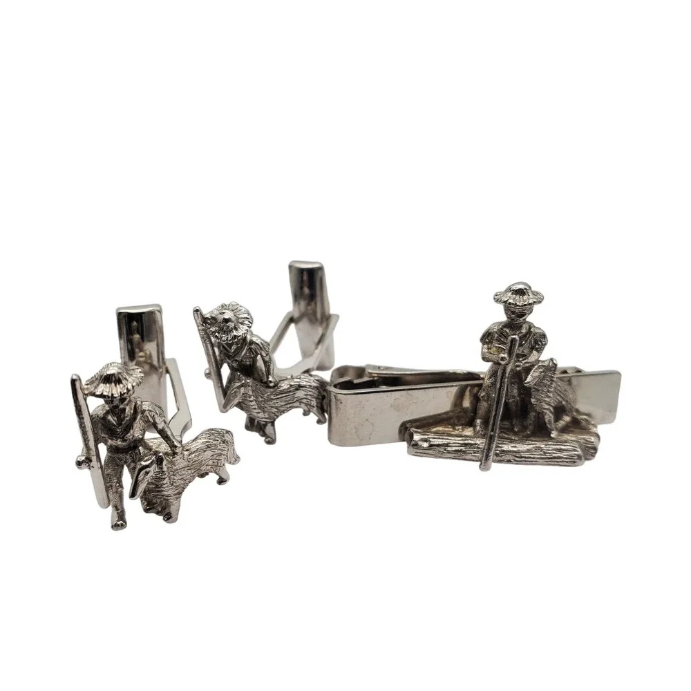 Boy & Dog Cufflinks Tie Bar Sarah Coventry Clip Clasp Silver Tom Sawyer Vintage